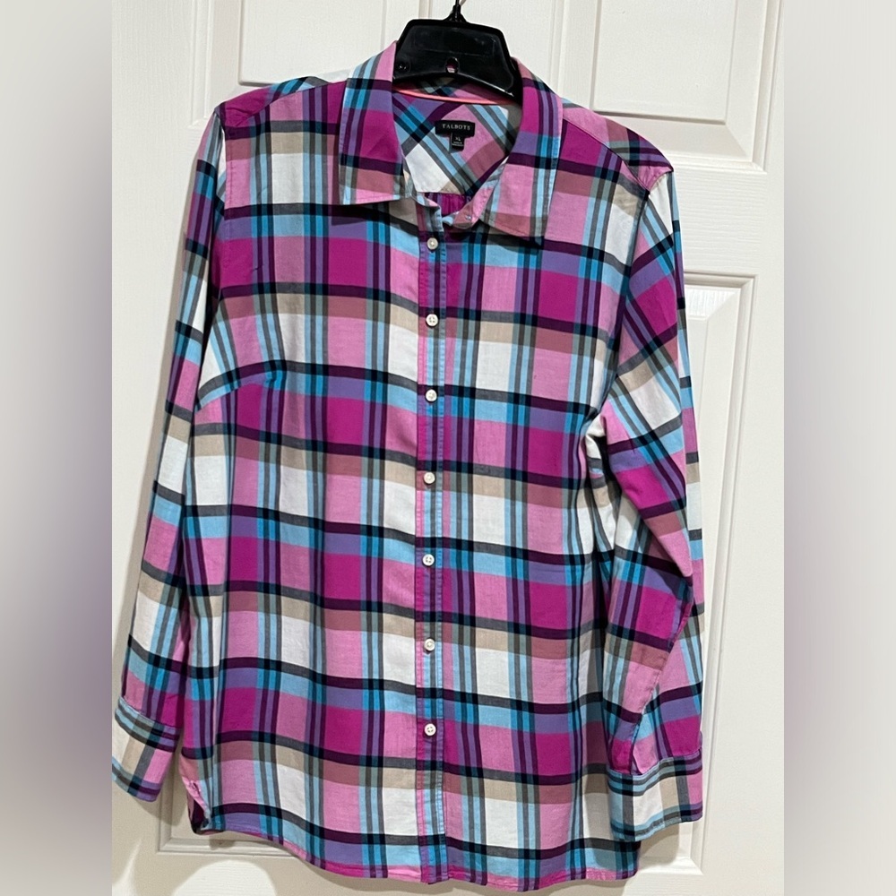 Talbots VINTAGE Pink and Light Blue Plaid Shirt with Black Label Women SIZE XL